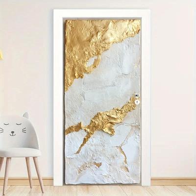 1 sada/2 ks Moderní samolepka na dveře a stěnu, samolepicí odnímatelná nástěnná malba z PVC - Dekorace samolepky na dveře Abstract - Kreativní nástěnná malba na dveře se zlatou texturou