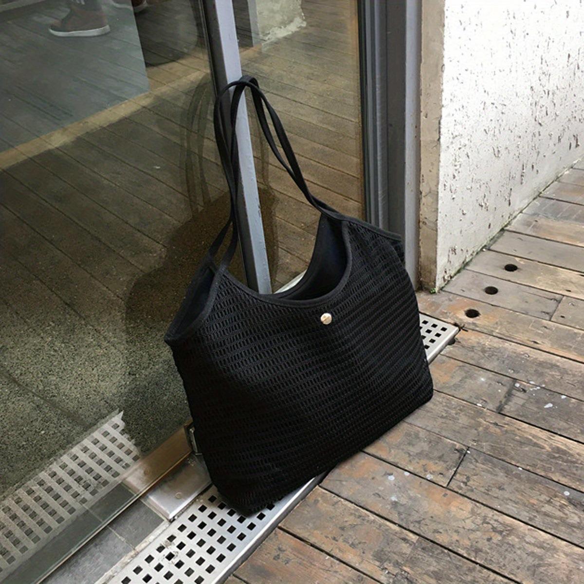 

Корейская версия холщовой пляжной сумки Ins для женщин, свежий стиль, большая вместимость, сумка-сетка, сумка-тоут, ручная и на плечо чёрный