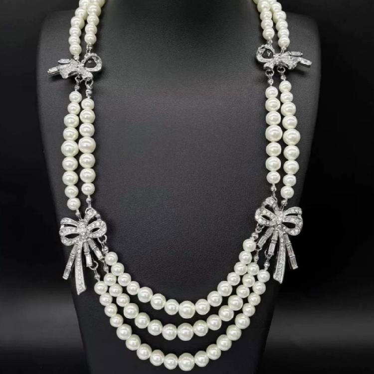 Imitation Pearls Necklace with Multiple Strands Rhinestones Bowknot Clavicle Chain Handmade Adjustable Length Neckchain