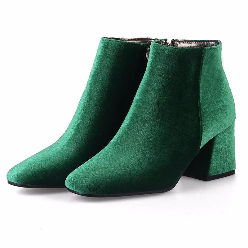 Brand Velvet Women's Ankle Boots Winter Fashion Short Boot Thick Medium Heels Short Party Shoes Large Size 48 Black Red Green