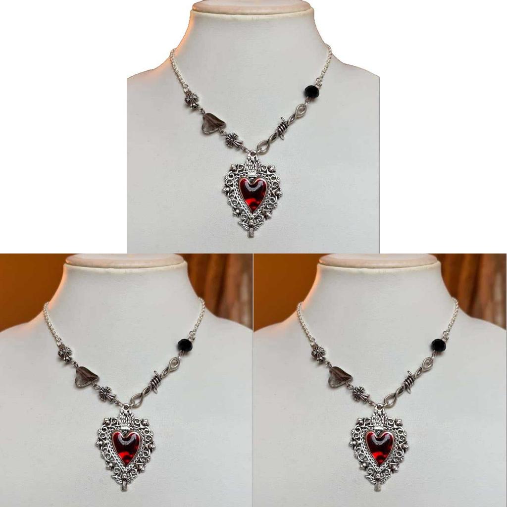 Punk Style Geometric Pendant Necklace With Blood Red Heart For Gothic Fashion