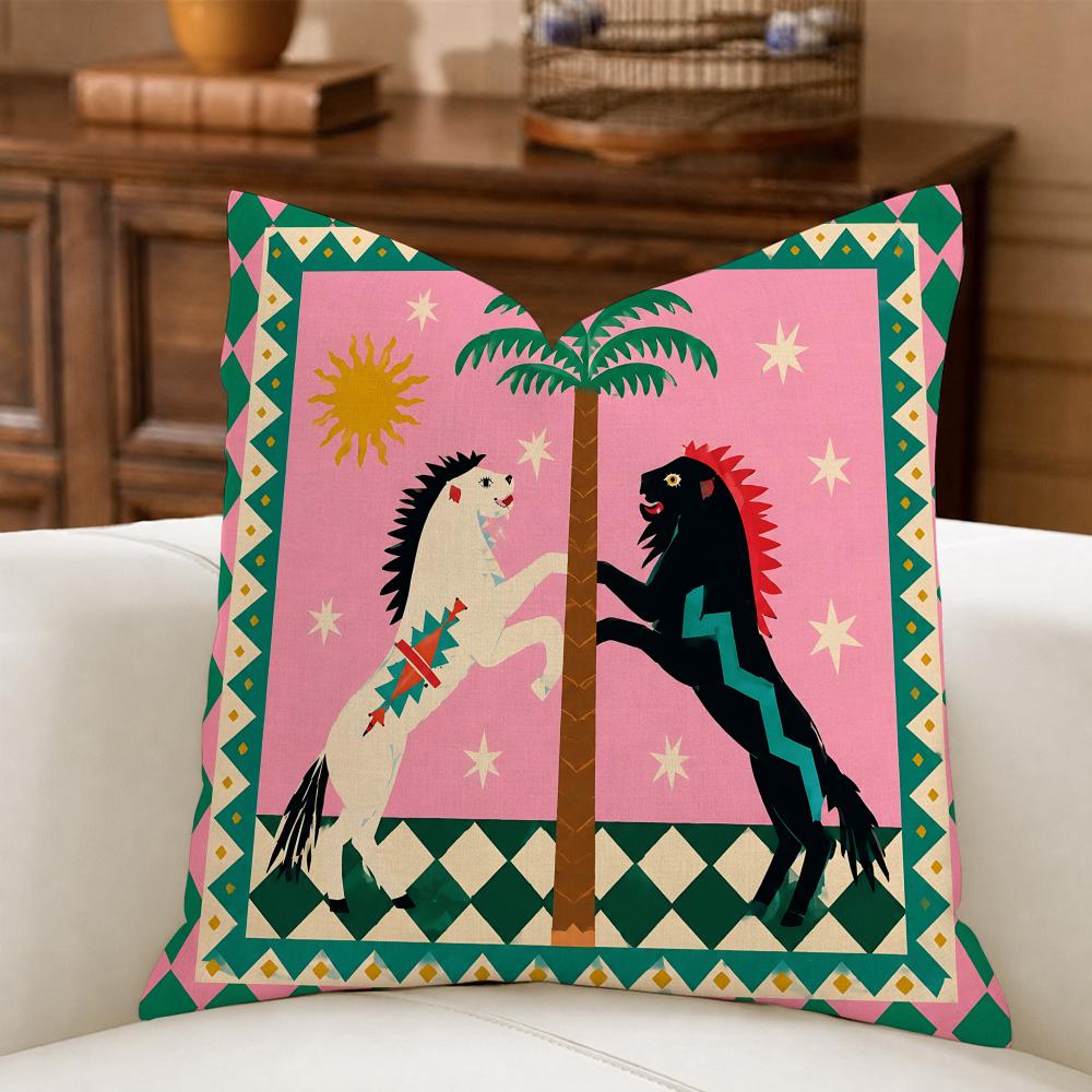 Whimsical Sun Moon Animal Cushion Cover Natural Breathable Durable Linen Printed Decor Pillow Case Sofa Bedroom