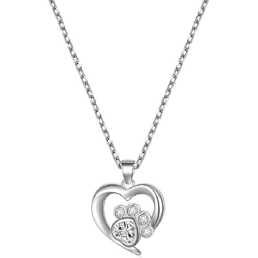 BEKECH Pet Lover Gifts Paw Print Necklace Cubic Zirconia Puppy Dog Cat Pet Paw Print Love Heart Pendant Necklace for Women