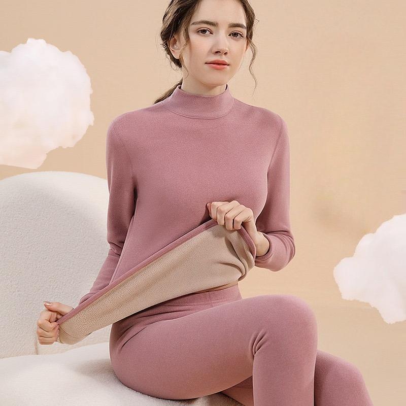Thermo-Unterwäsche-Sets für Damen, mittelhoher Kragen, Winterwärme, hochelastische Unterseite, Oberteile aus dickem Samt, Hosen, nahtlose Dessous