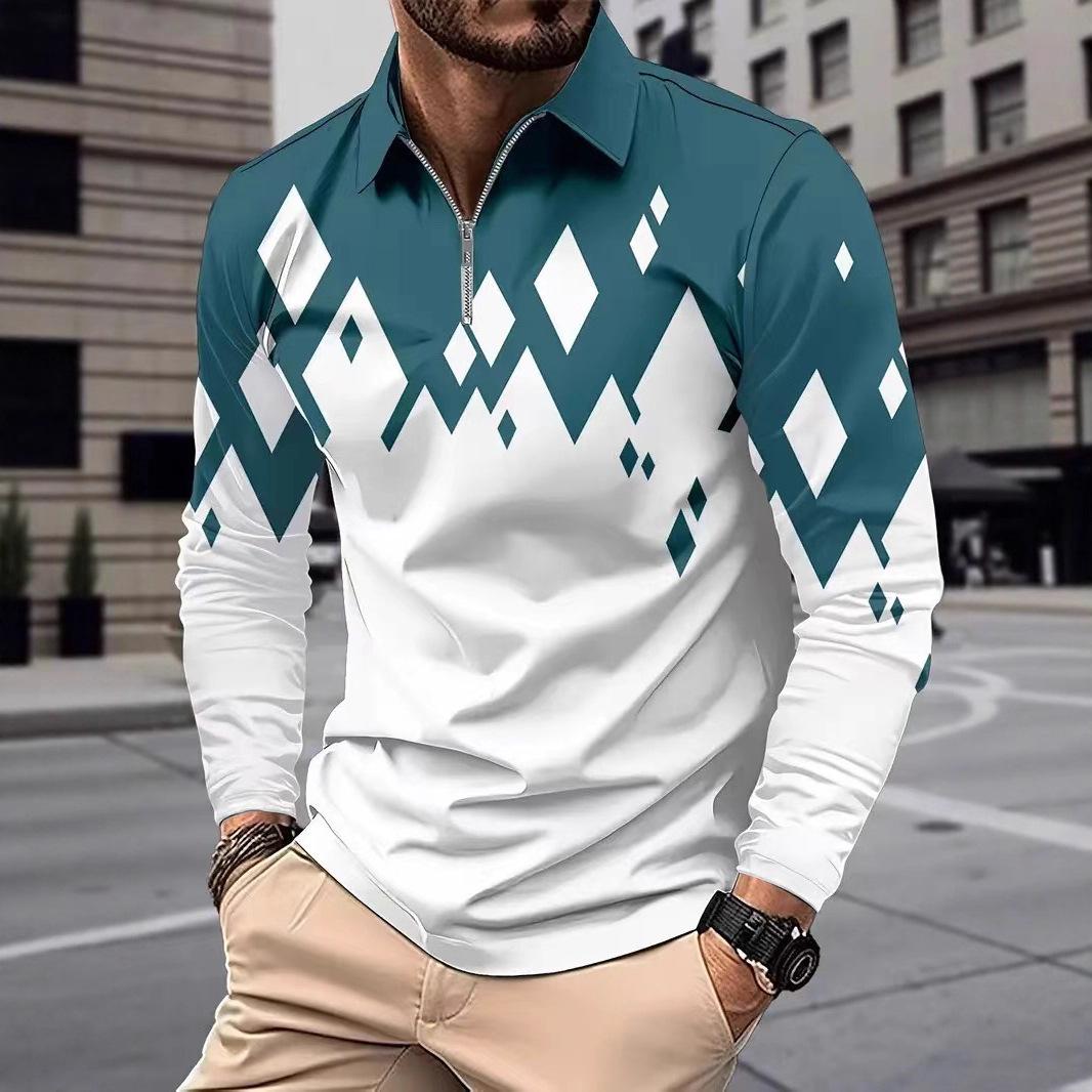 

Мужская рубашка-поло больших размеров с цифровым принтом и длинным рукавом, с отложным воротником - Европейский и американский стиль для весны и осени 3XL небесно-голубой