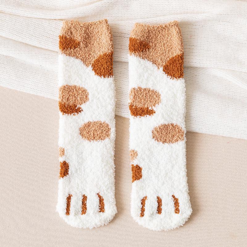 Women's Mid-Calf Cat Paw Velvet Coral Fleece Socks - Cute, Thickened, and Warm for Autumn/Winter