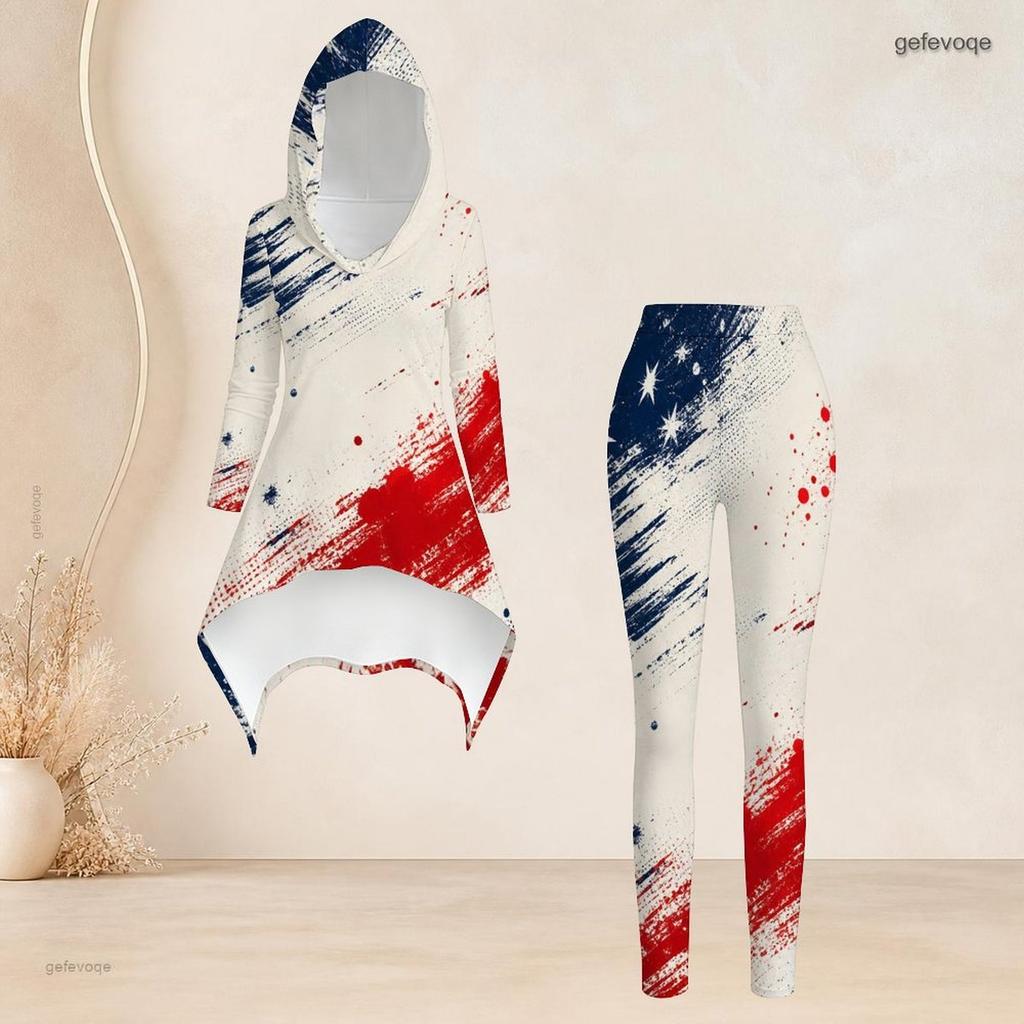 Women Plus Size Navy Blue Firework Star Printed Hooded Long Sleeve High Low Top Fitted Pants Two Piece Set