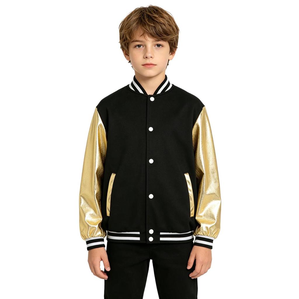 Unisex Metallic Eagle Print Back Bomber Jacket Long Sleeve Color Blocking Outerwear for Kids Dance Street Style