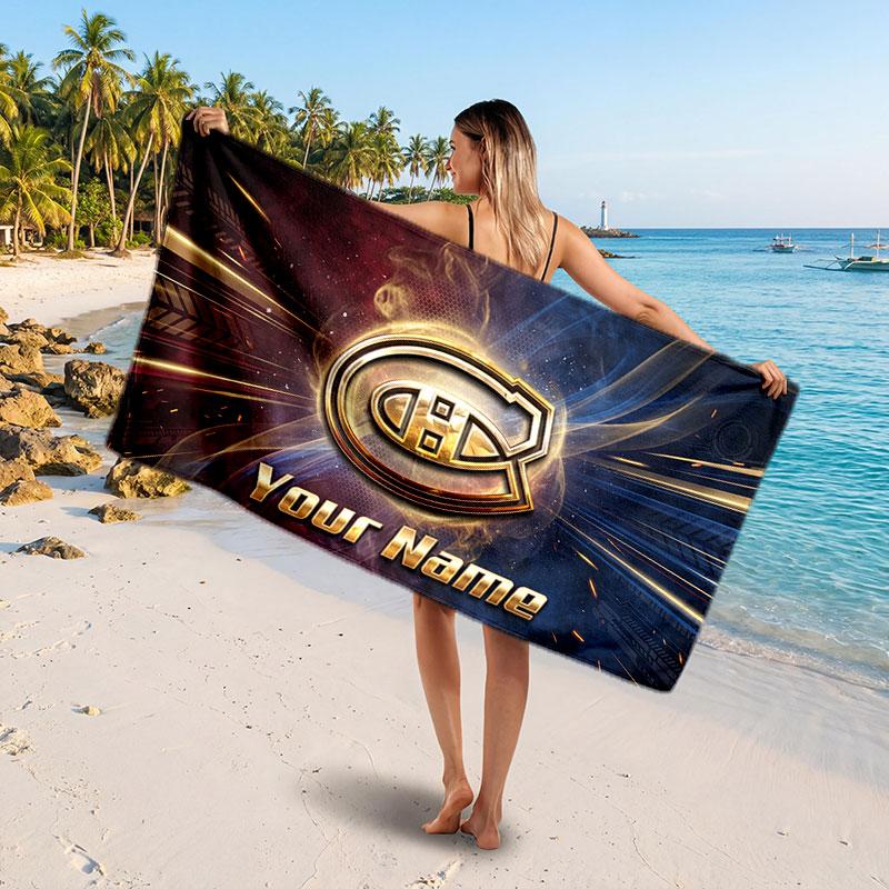 Montreal Canadiens Customized Name Text Beach Towel, Soft Absorbent Towel Beach Pool Travel Personal Gift