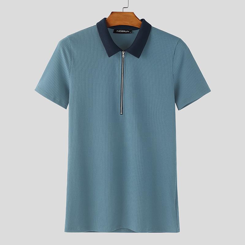 INCERUN Men Lapel Neck Stitching Short Sleeve Zipper Splits Fitted Casual Tops T-shirts