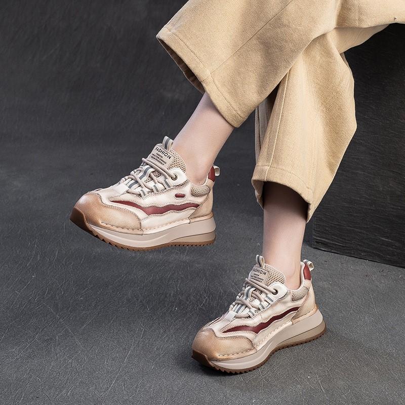 Johnature Thick Soled Mixed Colors Retro Genuine Leather Splicing Breathable Mesh Casual Sports Women's Shoes