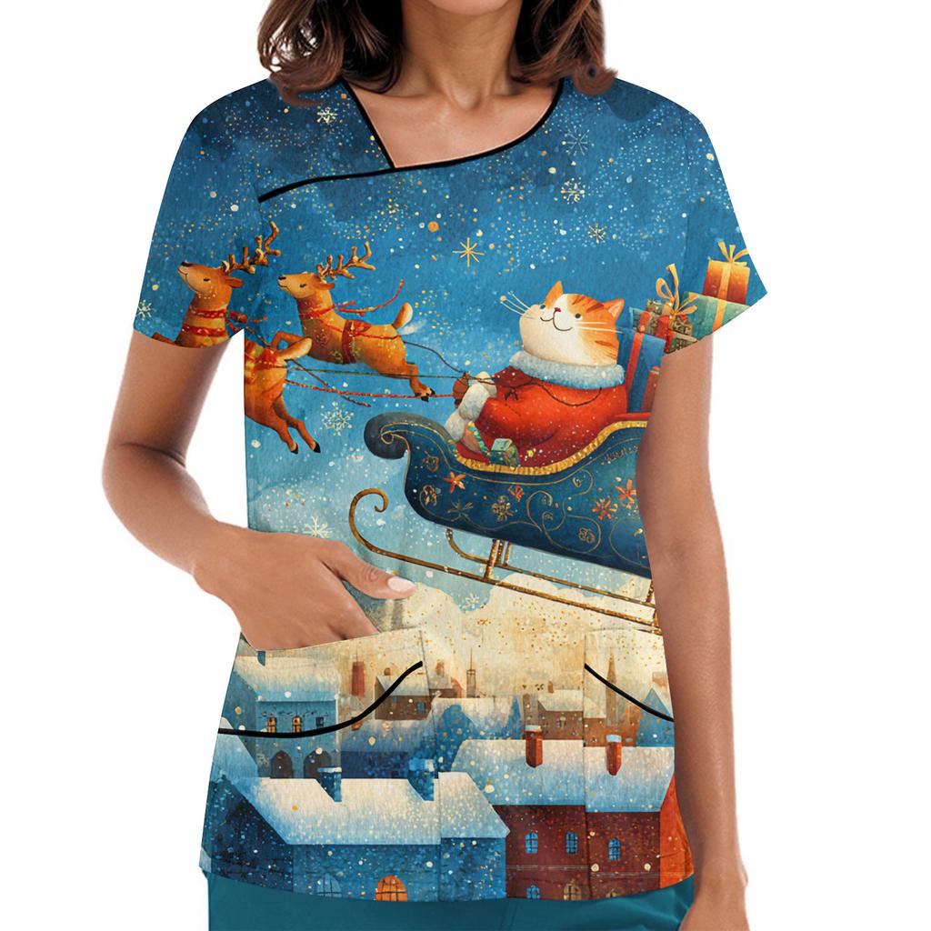 Women's Printed Work Clothes, Sloping Collar And Double Layer Pockets, Basic Top Pullover