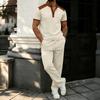 Men's Plaid Color Block Stand Collar Button Short Sleeve Top and Long Pants Casual Two-Piece Set