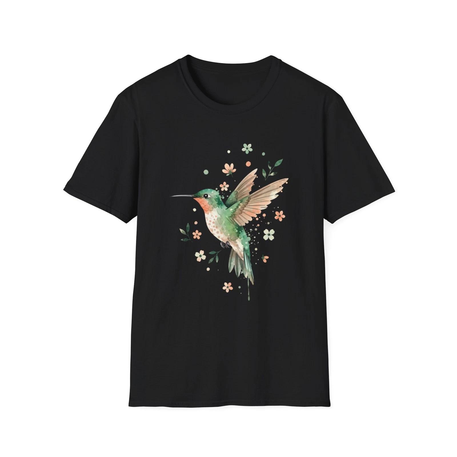 Hummingbird Watercolor Floral Nature Black Tee Aesthetic Print T-Shirt 3XL