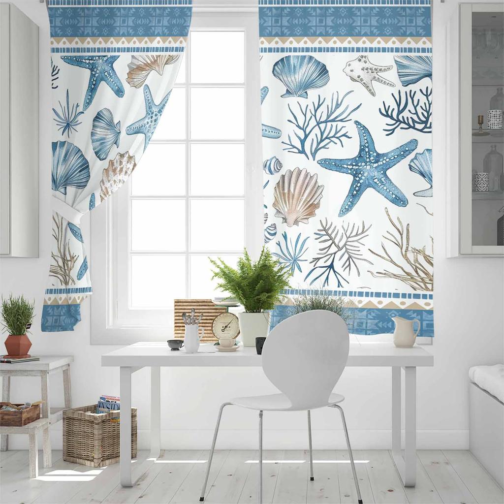 Marine Coral Shell Starfish Blue Series Blackout Curtains For Living Room Bedroom Printed Window Treatment Drapes Home Decor