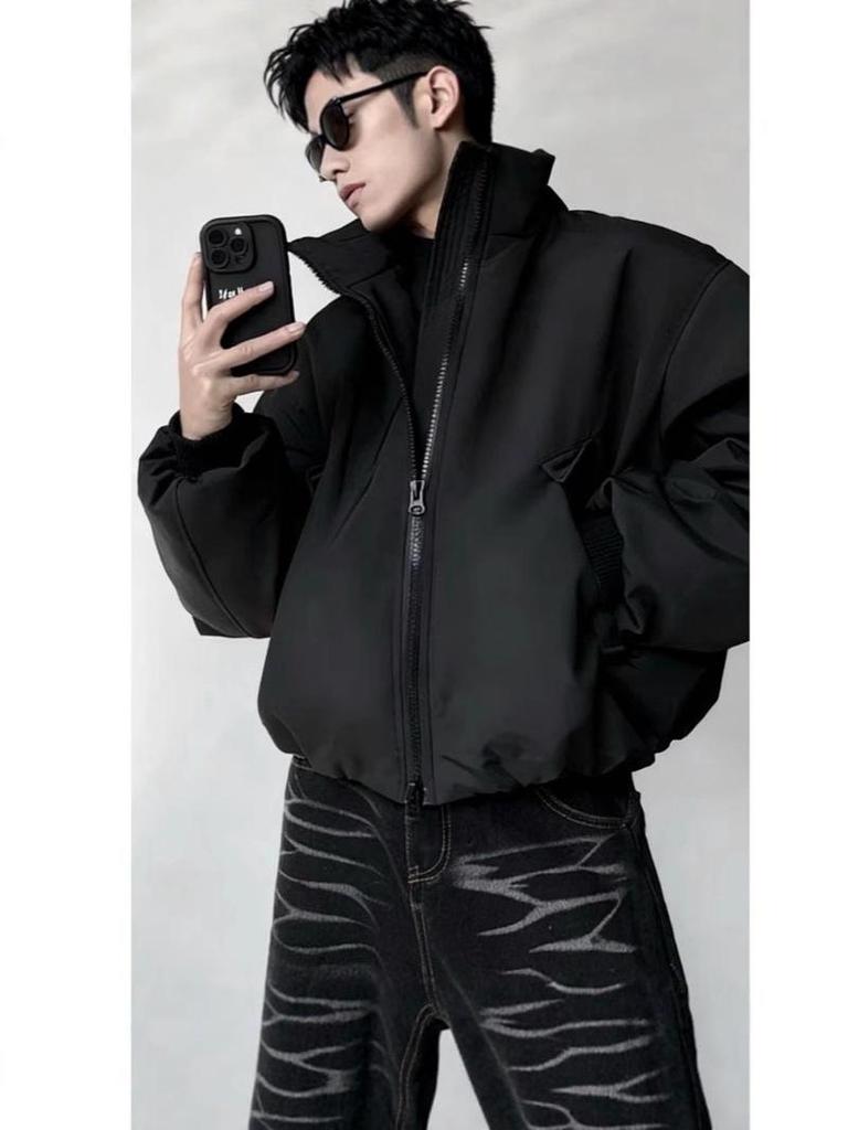 2025 Men's American Style Warm Versatile Cotton Jacket, Stand Collar, Winter, Short, Simple, Slimming Design.