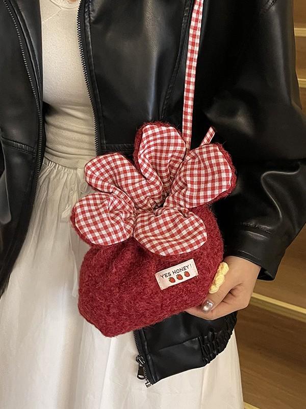 Plush Floral Drawstring Bag With Grid Pattern For Casual Daily Use