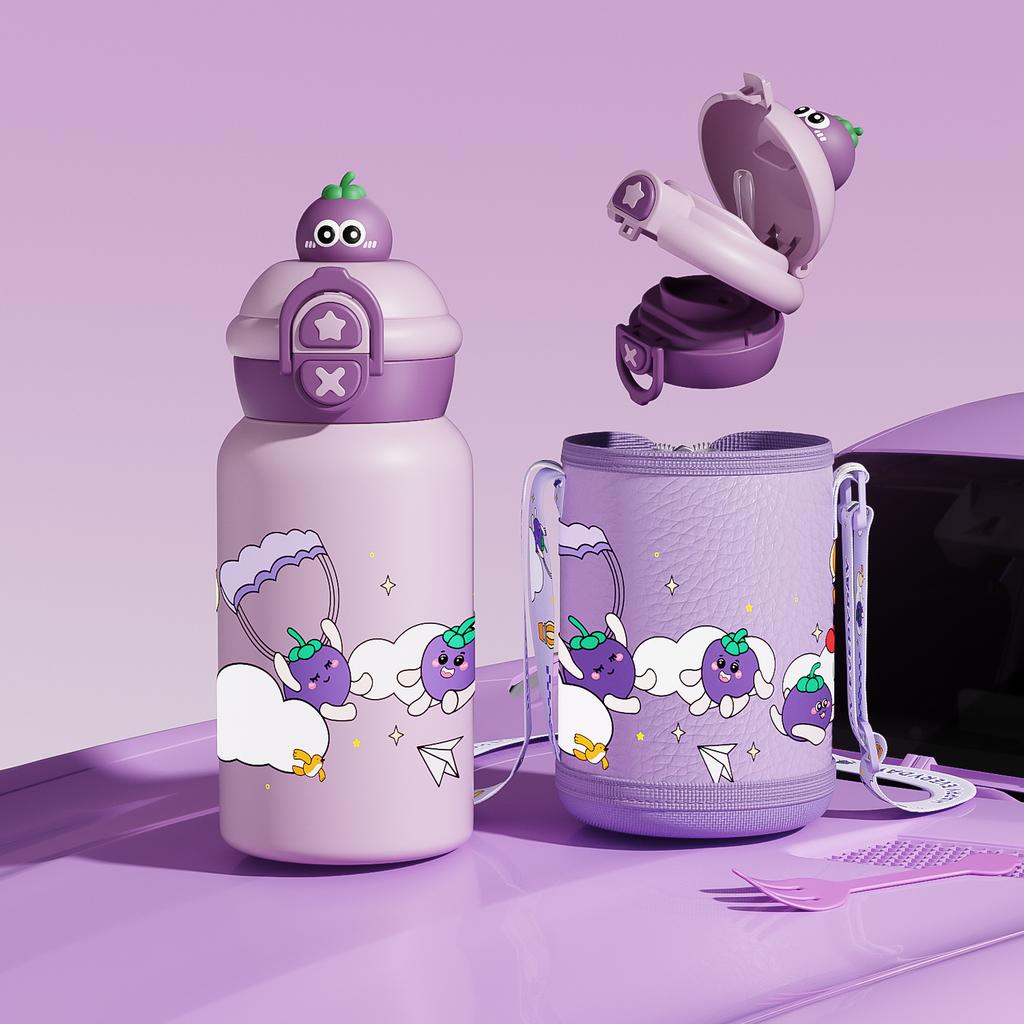 Double Drinking Children's Thermos with Straw 316 Stainless Steel Cartoon Portable Bouncing Lid Doll Student Kettle Water Cup