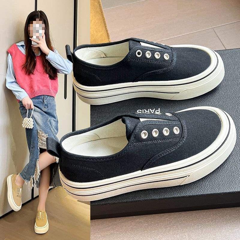 

Эластичные эспадрильи на толстой подошве на одной педали 2025 лето новые универсальные дышащие повседневные легкие маленькие белые туфли кеды 40 чёрный