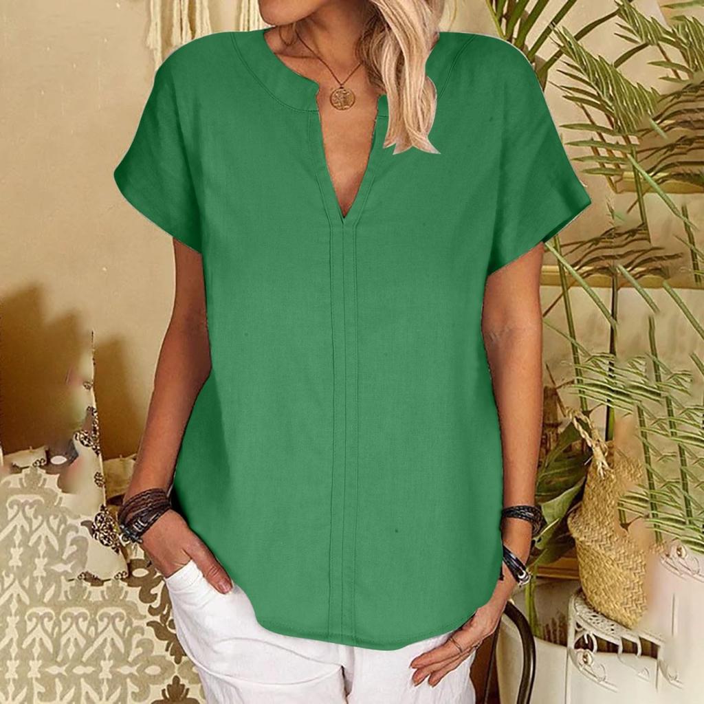 Women's Fashion Solid Color V-neck Daily Versatile Short Sleeved Shirt Top