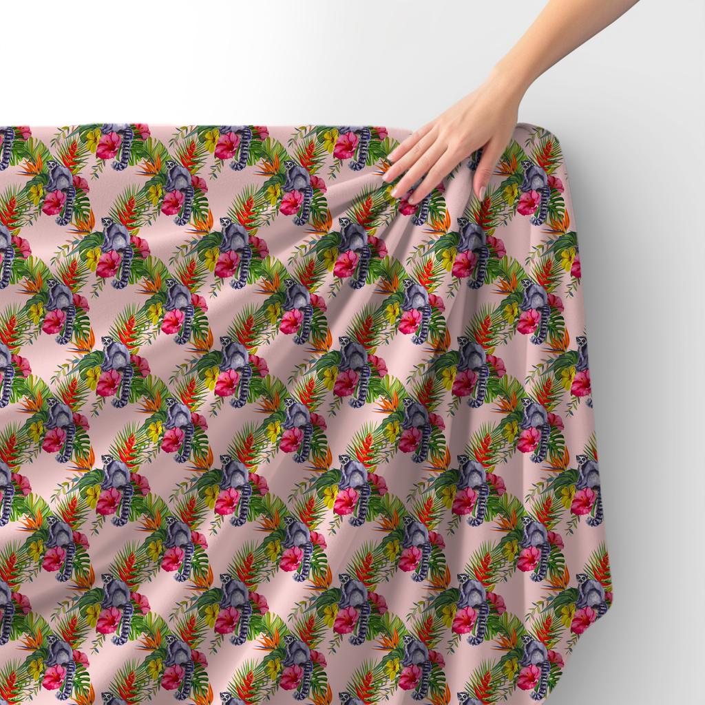 Royal Velvet Fabric Polyester For Sewing - Lemur Motif On Flowers