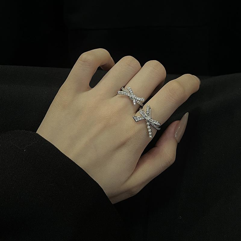 Hepburn Style Double Bow Pearl Stacked Open Ring Full Of Diamonds Zircon Temperament Advanced Sense Index Finger Ring