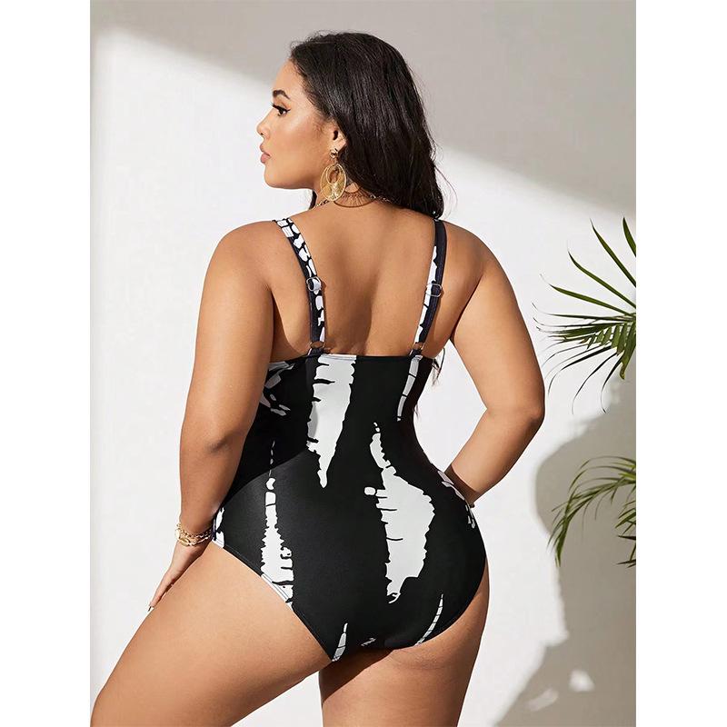 2024 Übergröße Schwarz & Weiß Schlankmachender Einteiliger Bikini für Damen