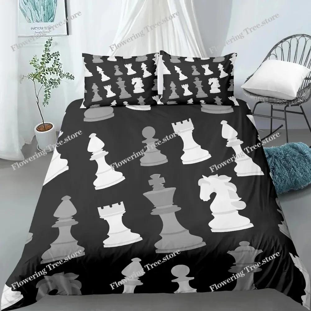 Juego de funda de edredón con tablero de ajedrez con estampado 3D, juego de cama de poliéster para niños, niñas y niños en blanco y negro