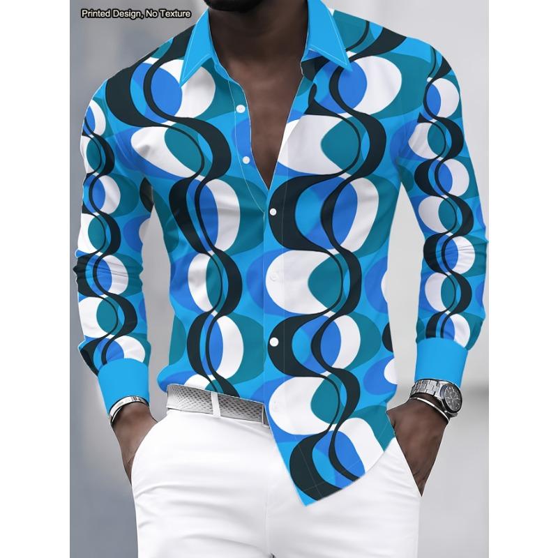Camisa de manga larga para hombre para fiesta disco de los 70 con estampado digital de círculos geométricos brillantes