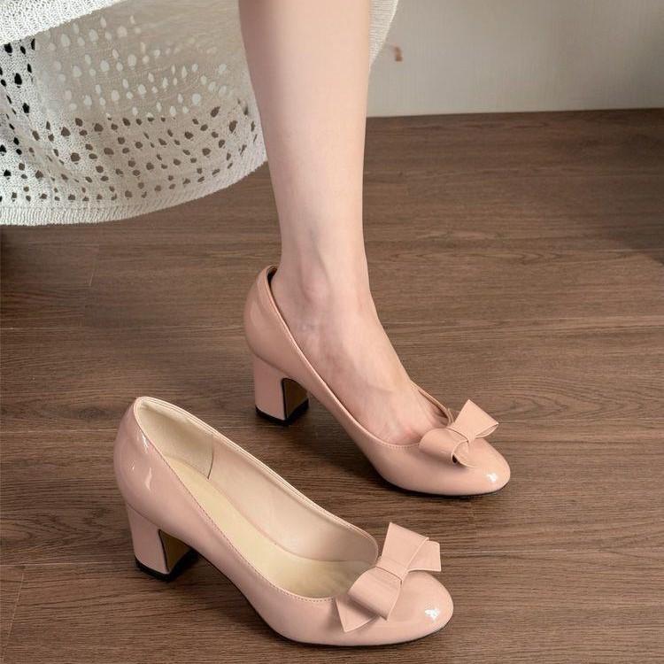 Daily with bow, light mouth single shoes, high heels, spring and autumn nude skirt, round head, gentle wind thick heel