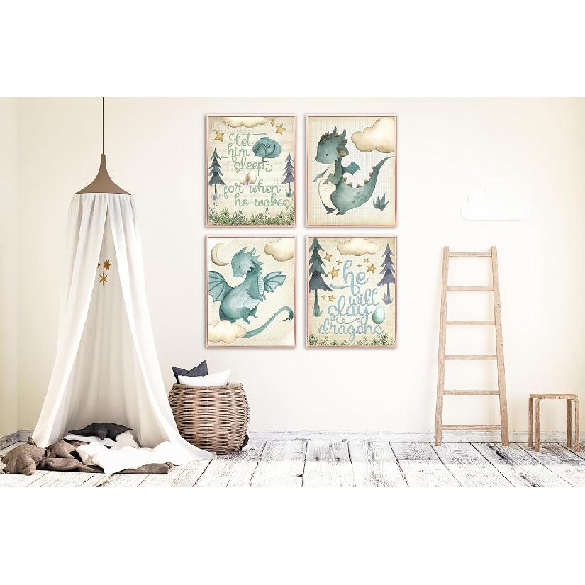 Silly Goose Gifts Let Him Sleep - Dragon Themed Wall Art Prints (Set of 4) Hanging Picture Nursery Kids Room Decor 8x10in