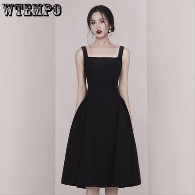 Sling Dress Women French Square Neck Dress Black Summer Waist Sling Dress Solid Color Slim A-line Dress Female