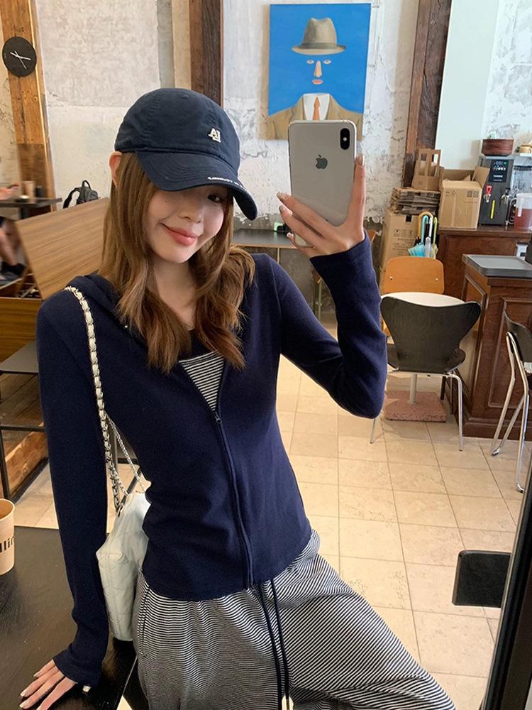 Korean Retro Double Zipper Hooded Sweatshirt Jacket - Women's Slim Fit Long Sleeve Autumn Top