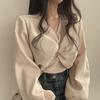 Women Shirt V-Neck Lantern Long Sleeve Pullover Tops Solid Color Knotted Design Regular Fit Tops Daily Wear