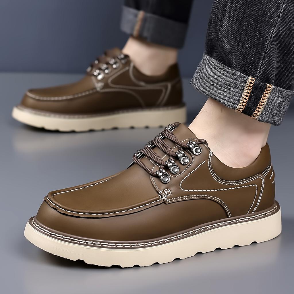 Mens Retro Stitch Leather Work Shoes Lace Up Platform Sole Non Slip Casual Oxford Outdoor Walking Business Footwear Fall Winter