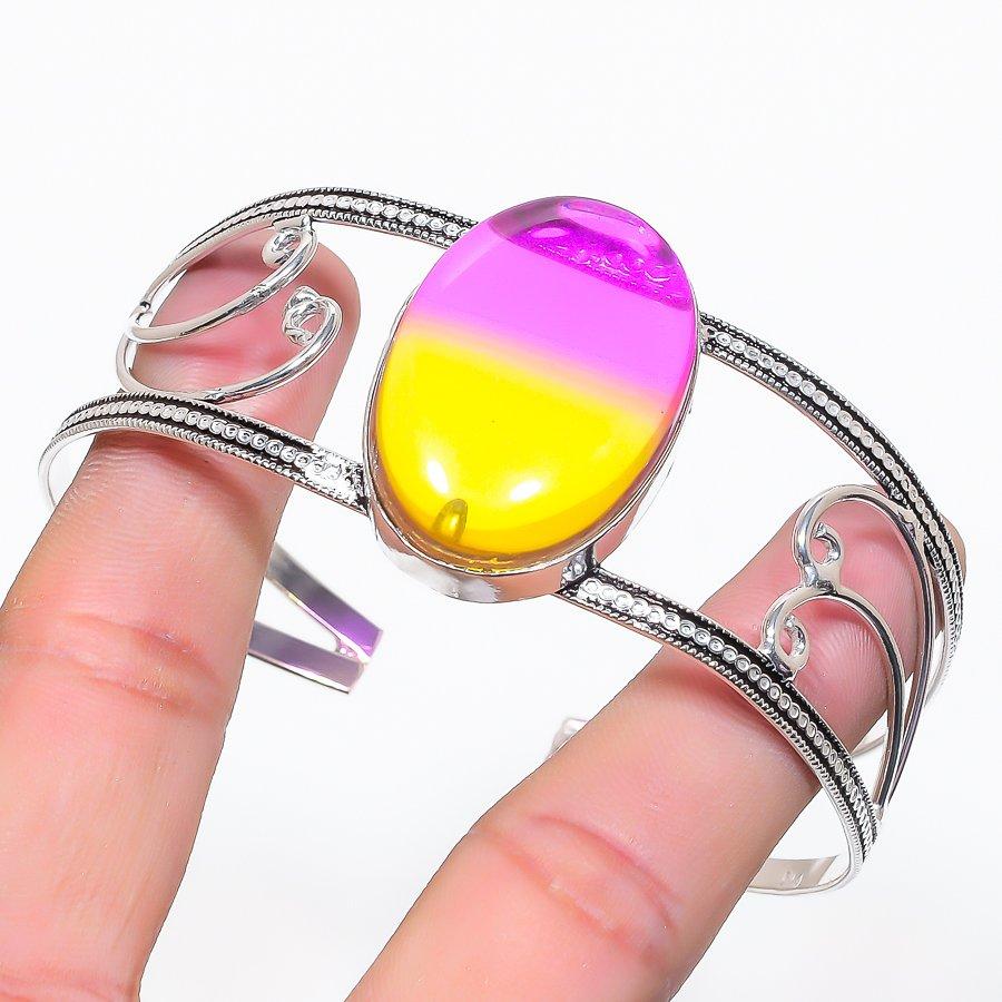 Natural Bi-Color Tourmaline Gemstone 925 Sterling Silver Cuff Bangle Adj Z4r59