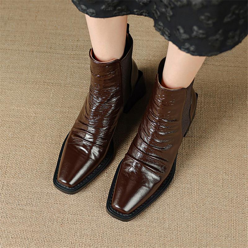 Fashion New Autumn/winter Genuine Leather Women Boot Square Toe Shoes for Women Fashion Boots High Heels Short Boots Black Handmade