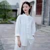 2026 Spring Women's Chinese Retro Linen Stand Collar Shirt with Frog Buttons for Tea Ceremony, Meditation, Zen & Tai Chi Exercise