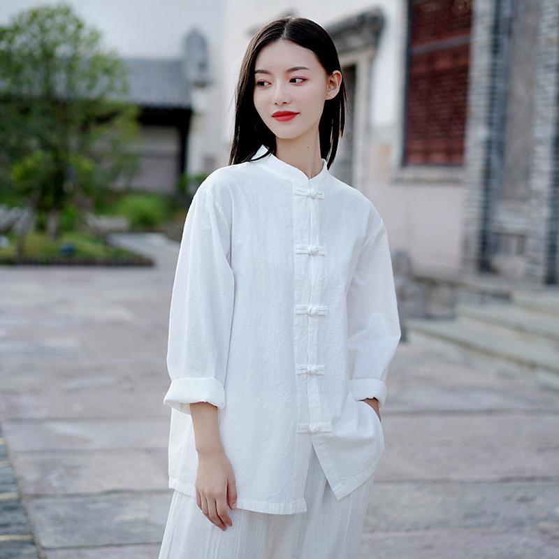 2026 Spring Women's Chinese Retro Linen Stand Collar Shirt with Frog Buttons for Tea Ceremony, Meditation, Zen & Tai Chi Exercise