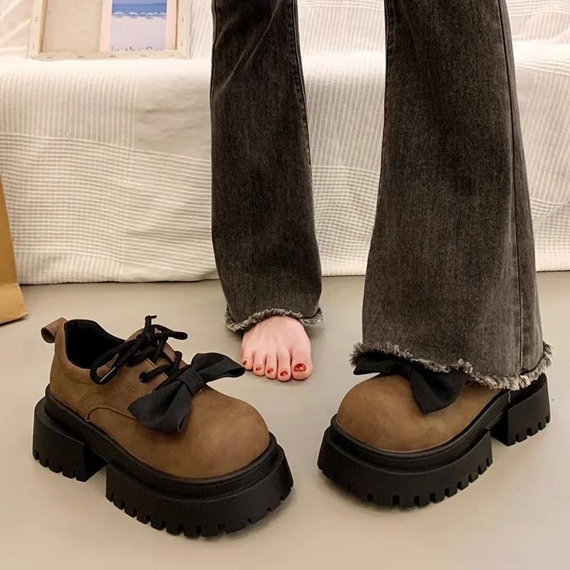 Shoes for Women Round Toe Casual Solid Color Pumps Comfort Chunky Heels Retro Lace Up Women's Platform Shoes Zapatos De Mujer