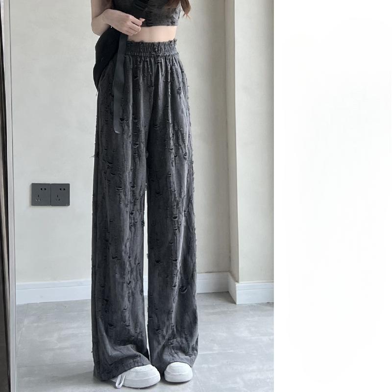 White Ripped Wide-leg Pants for Women In Summer New Design High Waist Drape Slimming Straight-leg Casual Floor Pants