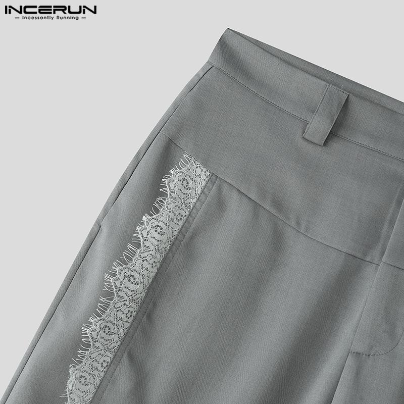 INCERUN Men Zip-up Waist Side Lace Patchwork Casual Long Straight Pants