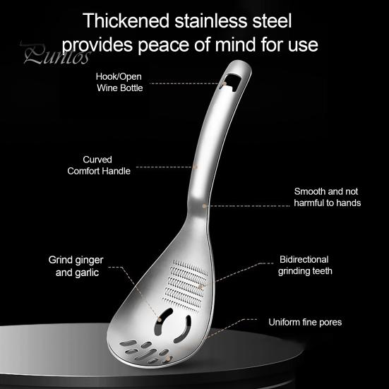 Durable Stainless Steel Grater Slotted Spoon with Bottle Opener & Ginger Grater, Fine Tooth Kitchen Accessory Manual Grinder for Puree Paste,