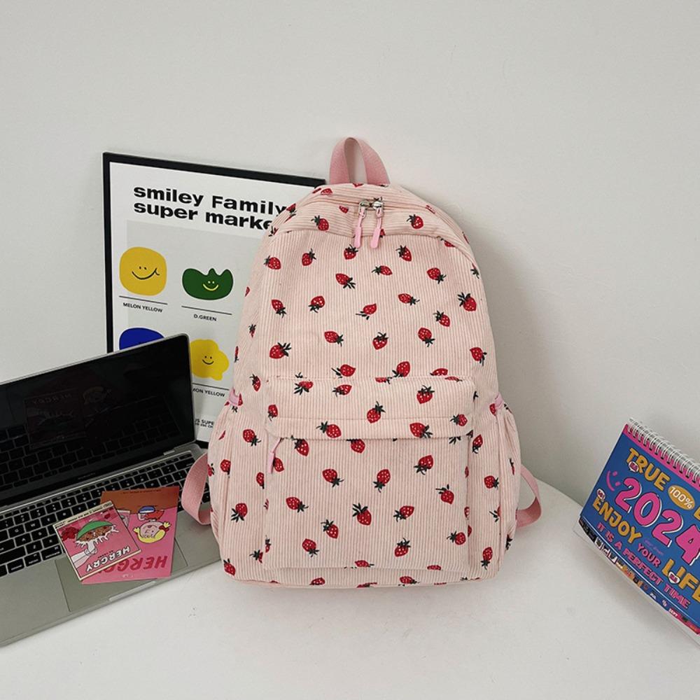 Large Capacity Strawberry Backpack Multi-pockets Adjustable Strap Travel Backpack Strawberry Print Women's Backpack Travel