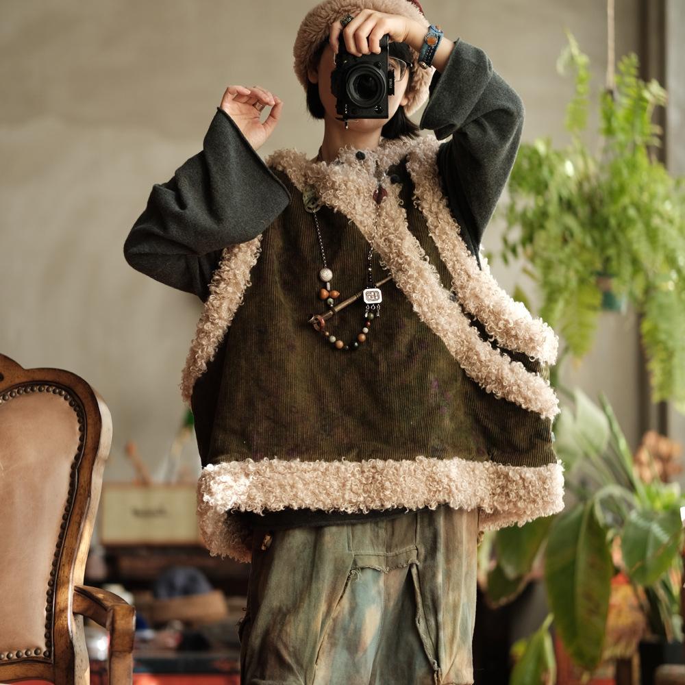 Johnature Women Chinese Style Corduroy Coats Print Floral Wool Patchwork Warm Spring V-Neck Vintage Coats