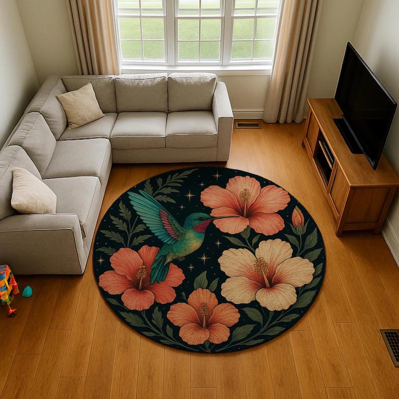 Visual 3D Tropical Hibiscus Plumeria Round Rug Vibrant Floral Carpet Tropical Hibiscus Boho Living Room Bedroom Decoration