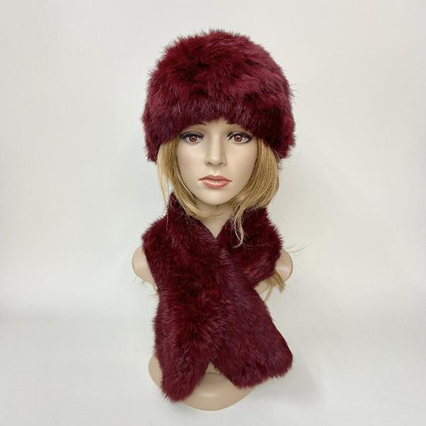 Winter Warm Rabbit Fur Hat Scarf Set Natural Fur Knitted Shawl High Elastic Women Beanie