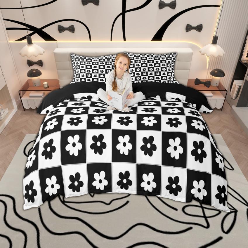 Comforter Homewish Cute Floral Plaid For Girls 2Pcs/3Pcs Kawaii Flower Checkered Bedding Set Cartoon Bedroom Decor