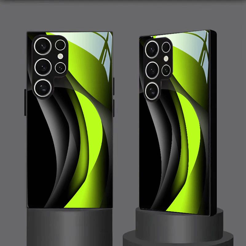 Dark green curved pattern glass phone case suitable for Samsung Galaxy S26 S25 S24 S23 S22 S21 S20 FE/Ultra/Plus anti drop