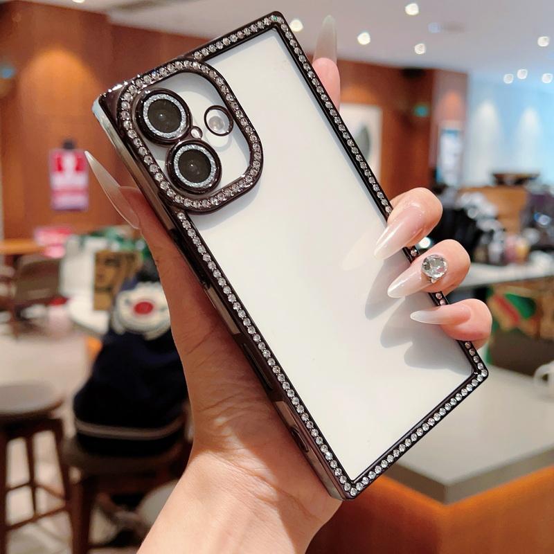 Glitter Diamond Frame Clear TPU Phone Case For iPhone 16 Pro 15 Pro Max 14 13 Transparent Shockproof Soft Bumper Cover